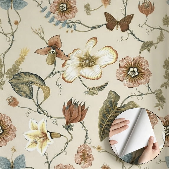 Vintage Boho Rustic Wild Flower Vine Butterfly Wallpaper Self Adhesive Removable Waterproof Wall Decor for Living Room Bedroom Bathroom Kitchen Cabinet Drawer Dorm Room 17.7 * 118 in