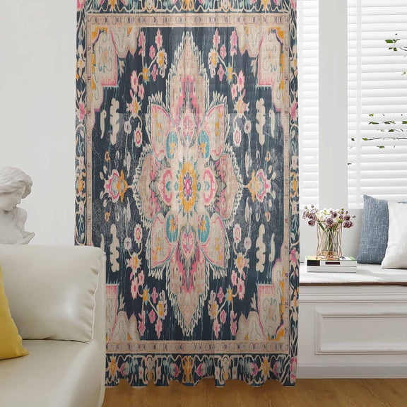 Vintage Boho Semi Sheer Curtains Drapes for Living Room,Bedroom,French Doors Window 45 Inches Long,Middle Century Western Geometric Abstract Art Rod Pocket Chiffon Curtain Voile Drapery Panel