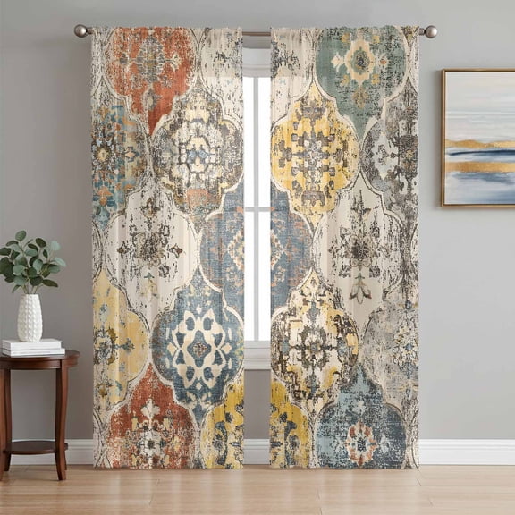 Vintage Boho Sheer Curtains 63 Inch Length 2 Panels Set, Chic Farmhouse Neutral Morocco Geometric Voile Window Treatment Rod Pocket Curtains Sheers Drapes for Bedroom/Living Room/Kitchen 52x"63"x2