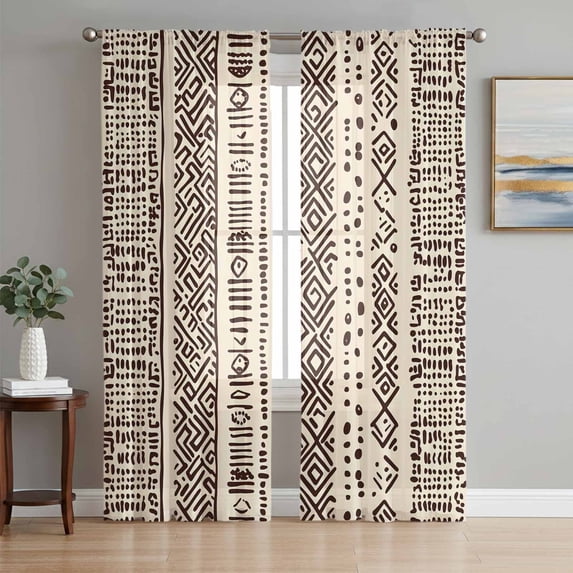 Vintage Boho Sheer Curtains 72 Inch Length 2 Panels Set, Abstract Retro Geometric Striped Beige Voile Window Treatment Rod Pocket Curtains Sheers Drapes for Bedroom/Living Room/Kitchen 52"x72"x2