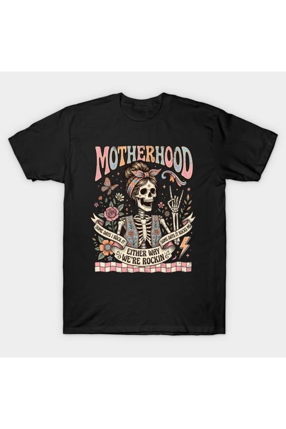Vintage Boho Skeleton Motherhood Messy Bun Rock Hand Gothic Hippie Vib Unisex T-Shirt, up to size 3XL.