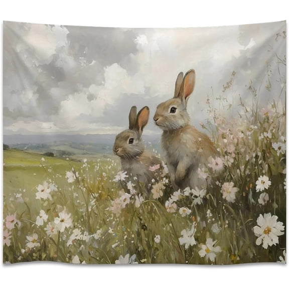 Vintage Boho Spring Wildflowers Art Tapestry Funny Easter Bunny Print Tapestries Rustic Woodland Nature Wall Hanging Decor for Kids Bedroom Living Room Dorm Wall Decor white30x40inch