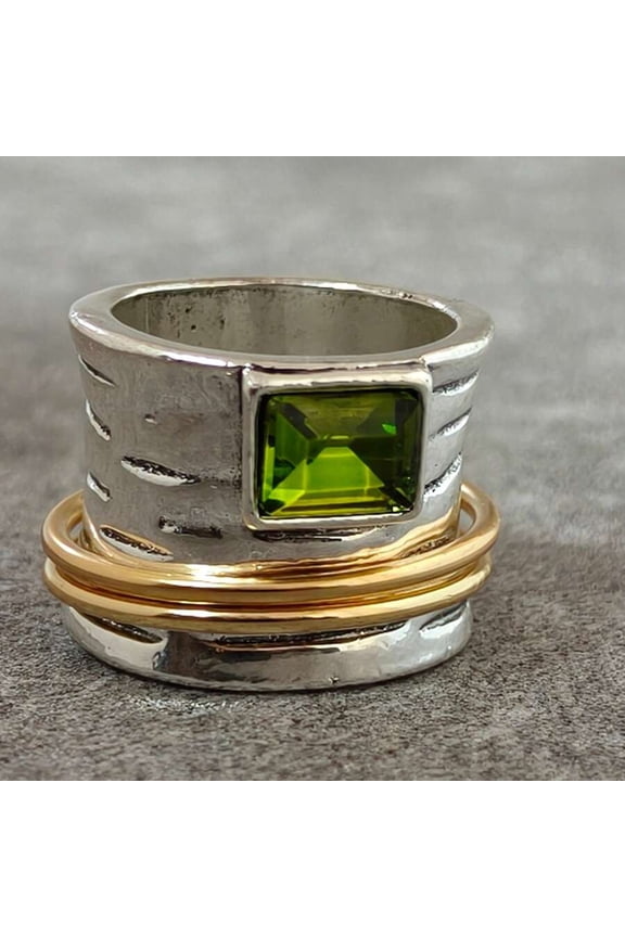 Vintage Boho Style Green Prasiolite Two-Tone Hammered Ring, Wide Stackable Band For Women, Color 8