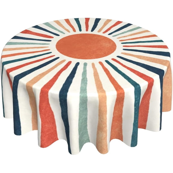Vintage Boho Sun Round Tablecloth 60inch Summer Retro Rainbow Stripe Table Cover Colorful Sunshine Farmhouse Washable Table Cloth for Dining Kitchen Picnic Indoor Outdoor Decor