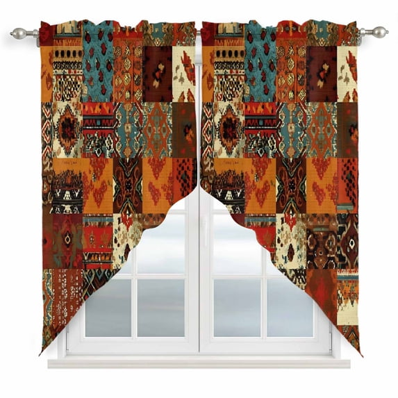 Vintage Boho Swag Valances for Windows 2 Pack Rust Brown Exotic Ethnic Native Geometric Swag Kitchen Curtains 45 Inches Long Rod Pocket Short Window Treatment for Kitchen Bathroom 36"x45"