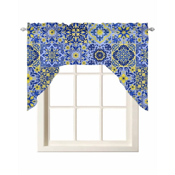 Vintage Boho Swag Valances for Windows, Small Curtains Drapes, Middle Century Bohemia Style Patchwork Blue Kitchen Window Curtains Over Sink Window Treatment Valance for Bedroom/Bathroom 56"x36"
