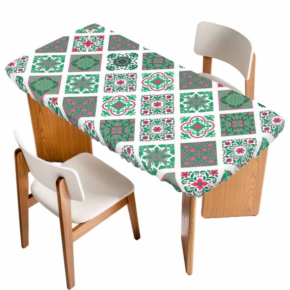 Vintage Boho Table Cloths for 3 Foot Rectangle Tables, Middle Century Bohemia Style Green Patio Waterproof Elastic Fitted Tablecloths, Washable Rectangular Table Cover for Camping
