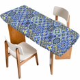 thumbnail image 1 of Vintage Boho Table Cloths for 8 Foot Rectangle Tables, Middle Century Bohemia Style Patchwork Blue Patio Waterproof Elastic Fitted Tablecloths, Washable Rectangular Table Cover for Camping, 1 of 8