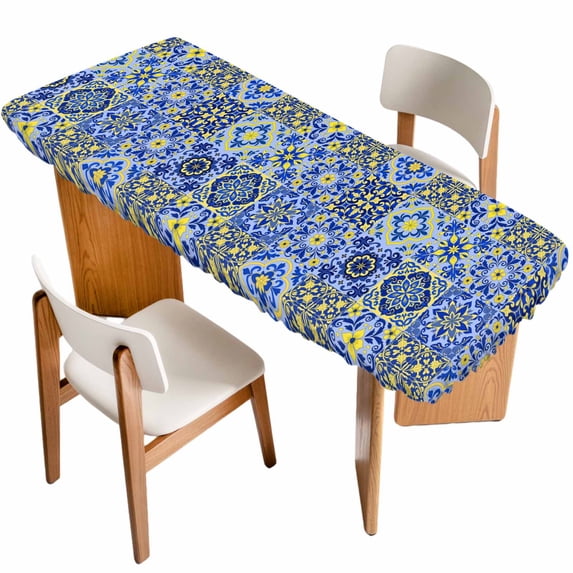 Vintage Boho Table Cloths for 8 Foot Rectangle Tables, Middle Century Bohemia Style Patchwork Blue Patio Waterproof Elastic Fitted Tablecloths, Washable Rectangular Table Cover for Camping