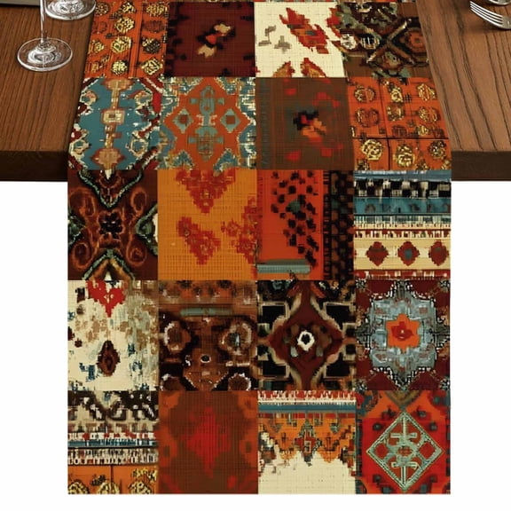 Vintage Boho Table Runner 36 Inches Long, Rust Brown Exotic Ethnic Native Geometric Cotton Linen Dining Table Runner Dresser Scarves for Home Kitchen Party Decor 13"x36"
