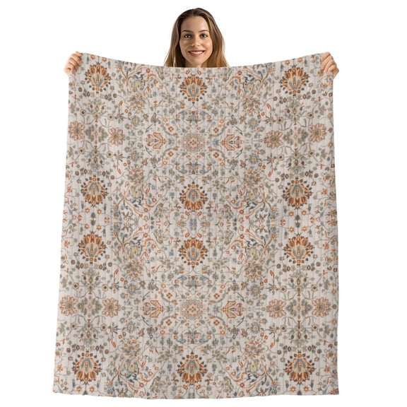 Vintage Boho Throw Blanket, Flannel Fleece Blanket with Striped Design for Couch, Retro Southwestern Ethnic Mexican Floral Soft Breathable All Season Plush Blankets for Sofa Office Chair 30"x40"