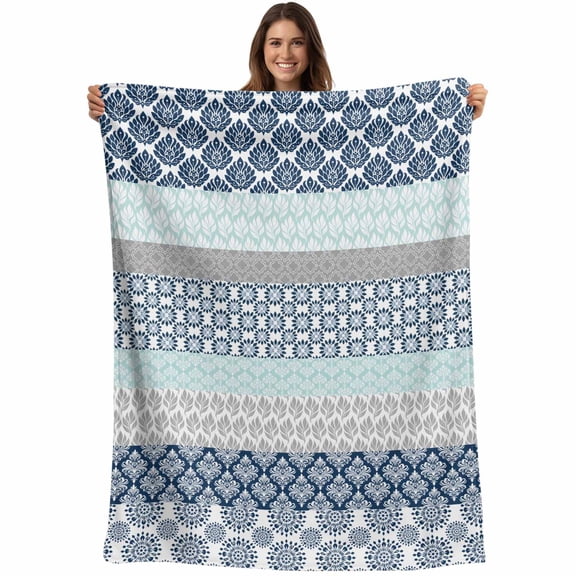 Vintage Boho Throw Blankets, Geometric Stripes Soft Fleece Blanket Decorative for Home Sofa Couch Chair Living Bedroom, 30x40 Inches, Blue