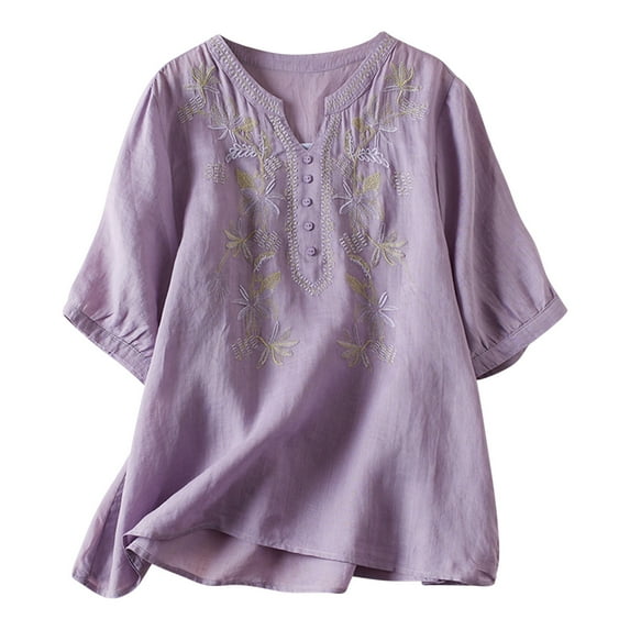 Vintage Boho Tops for Women Floral Print Cotton Linen Shirt Casual Short Sleeve V Neck Blouses Flower Embroidered Shirts