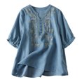 thumbnail image 1 of Vintage Boho Tops for Women Floral Print Cotton Linen Shirt Casual Short Sleeve V Neck Blouses Flower Embroidered Shirts, 1 of 6