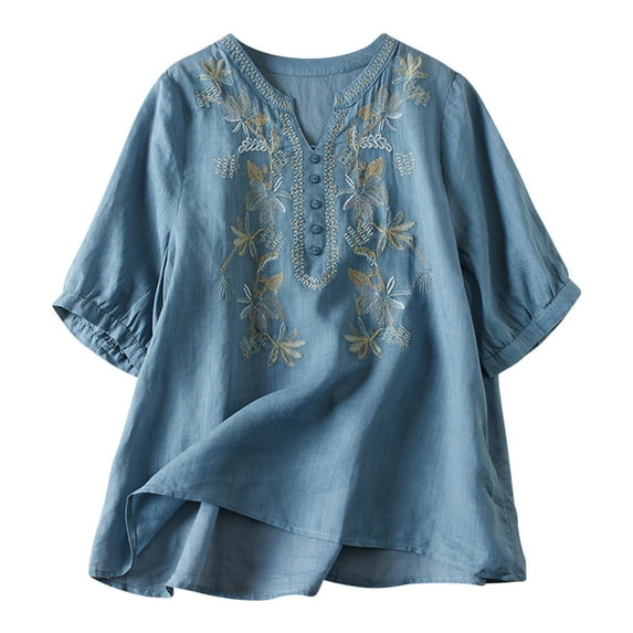 Vintage Boho Tops for Women Floral Print Cotton Linen Shirt Casual Short Sleeve V Neck Blouses Flower Embroidered Shirts
