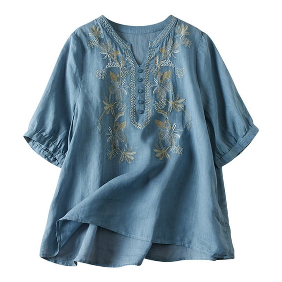 Vintage Boho Tops for Women Floral Print Cotton Linen Shirt Casual Short Sleeve V Neck Blouses Flower Embroidered Shirts