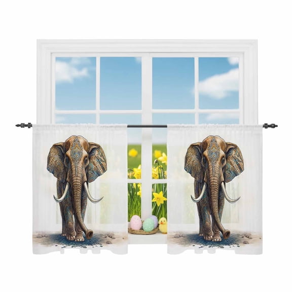 Vintage Boho Tribal Sheer Curtains 45 Inch Length Rod Pocket Semi Transparent Light Filtering Window Drapes for Kitchen Bedroom Living Room,2 Panels, Elephants Ivory Chocolate Brown