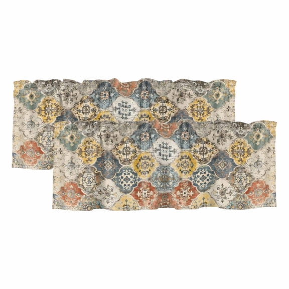 Vintage Boho Valances for Windows, Chic Farmhouse Neutral Morocco Geometric Light Filtering Kitchen Curtains, Rod Pocket Window Valance Curtains for Living Room Bedroom, 42" W x 12" L, 2 Panels