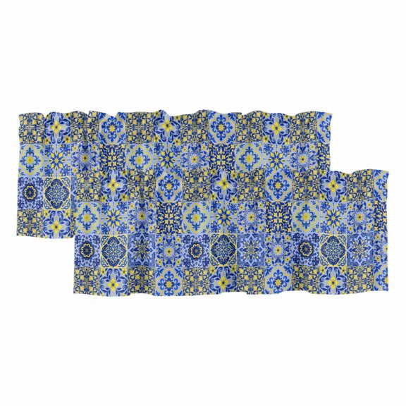 Vintage Boho Valances for Windows, Middle Century Bohemia Style Patchwork Blue Light Filtering Kitchen Curtains, Rod Pocket Window Valance Curtains for Living Room Bedroom, 42" W x 12" L, 2 Panels