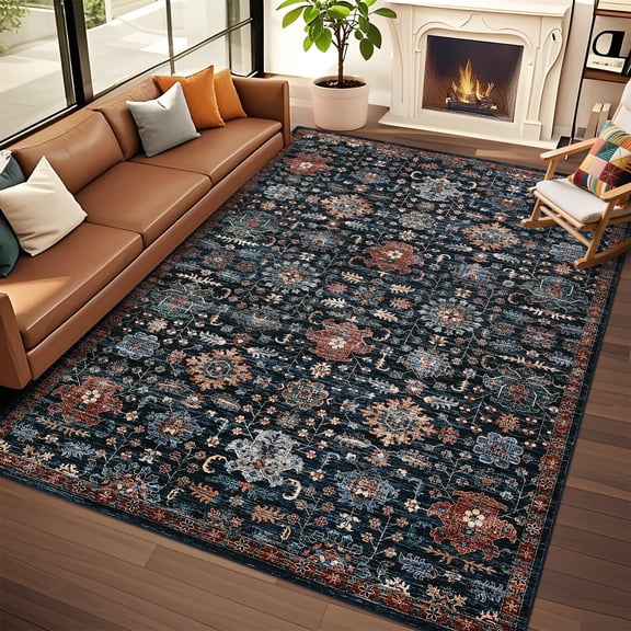 Vintage Boho Washable Area Rug 5x7 - Low Pile Non-Slip Carpet for Living Room, Bedroom, Dining Room