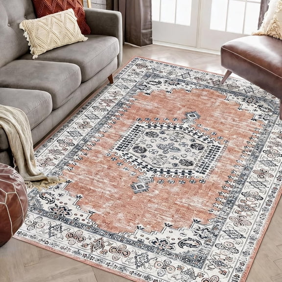 Vintage Boho Washable Area Rug, Floral Medallion Low-Pile Carpet with TPE Non-Slip Backing for Living Room, Bedroom and Dining Room,Orange,9*12ft(274*366cm)