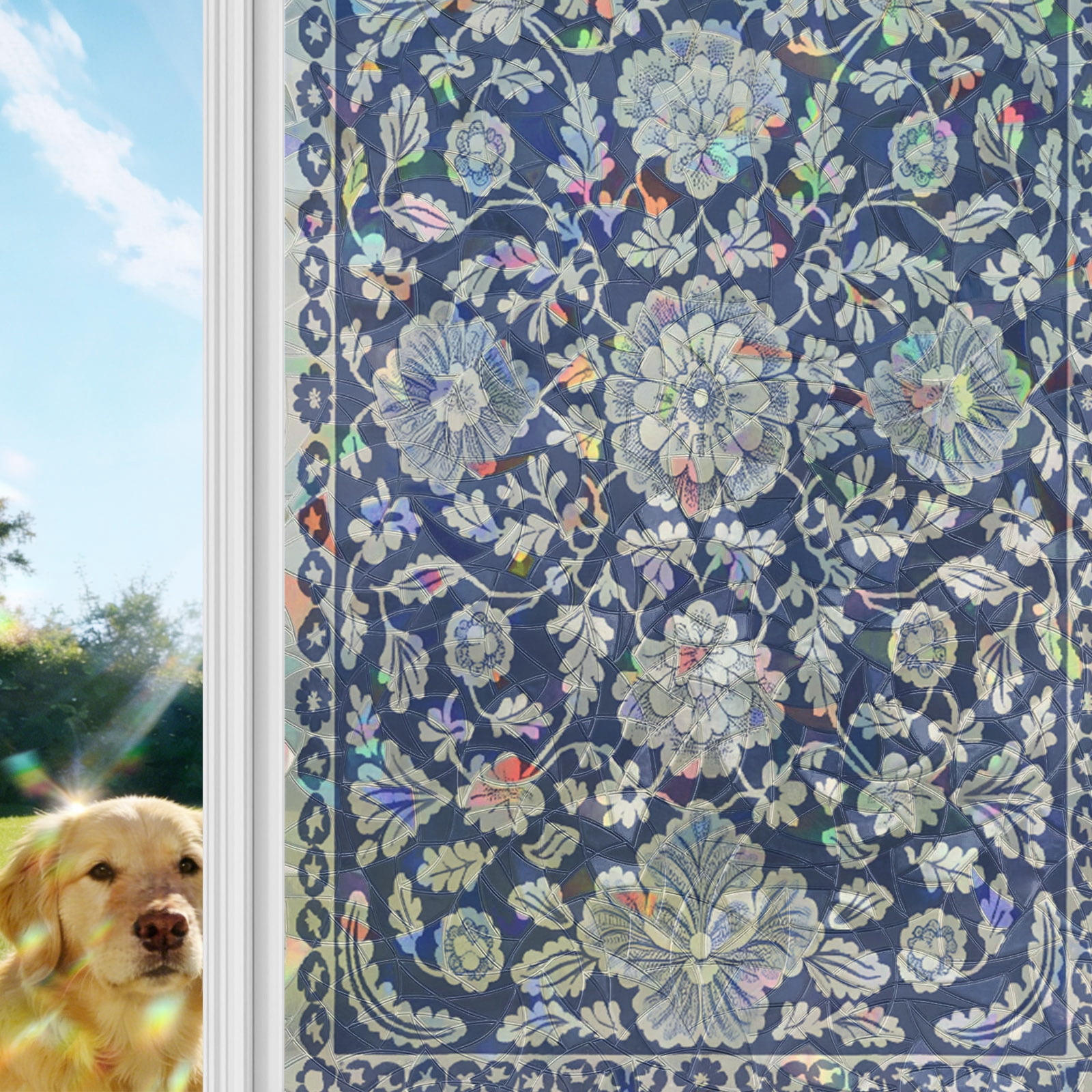 Vintage Boho Window Privacy Film Stain Glass,Reusable Decorative Rainbow Window Film,Neutral Abstract Flowers Pattern Aesthetic Static Cling Sun Blocking Stickers Decals Covers 23.6" x 59" (2pcs)