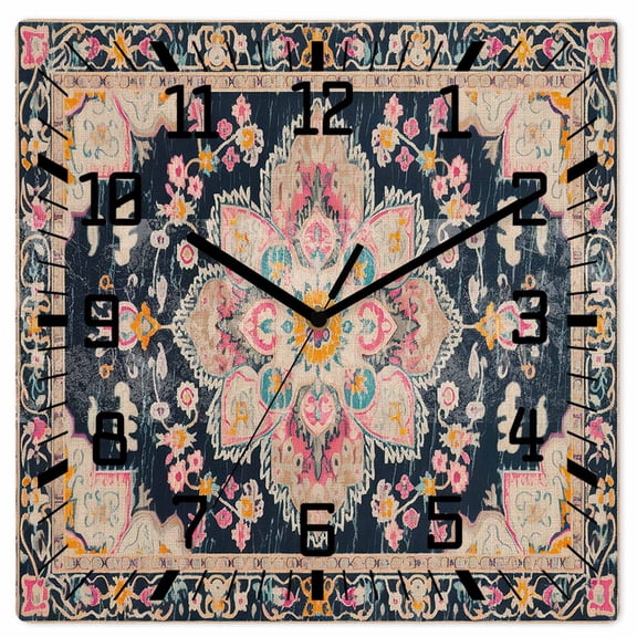 Vintage Boho Wooden Wall Clock Silent Non Ticking, Middle Century Western Geometric Abstract Art Square Wall Clocks Battery Operated, Decor Clock for Home Office, Living Room, Kitchen, 12 Inch