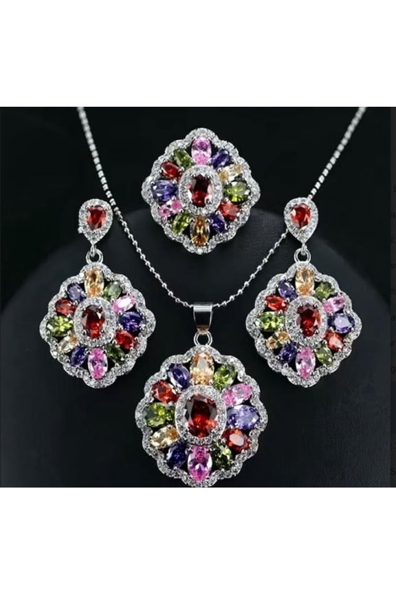 Vintage, Boho Zircon Crystal Pendant Necklace Earrings Ring Jewelry Set