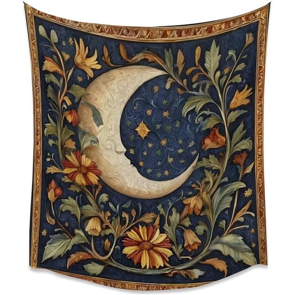 Vintage Boho celestial Art Tapestry Dark Academia Moon Print Artwork Tapestries Moody Folk Botanical Aesthetic Wall Hanging for Bedroom Dorm Living Room Gallery Wall Decor white50x60inch