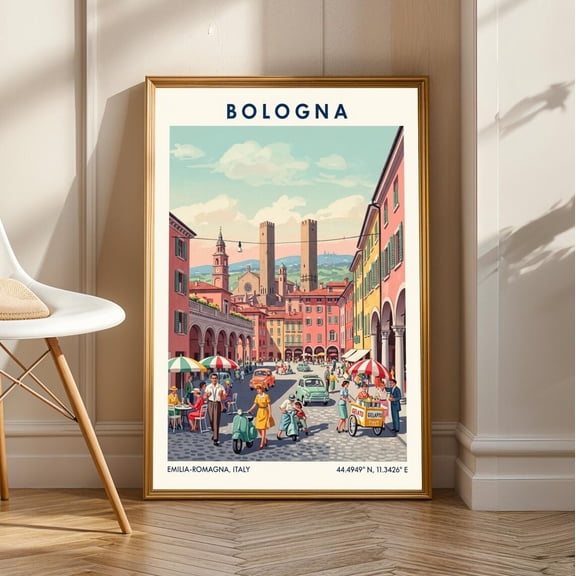 Vintage Bologna Street Scene Print: Retro Italian Travel Poster, Unframed Poster Size 8x12
