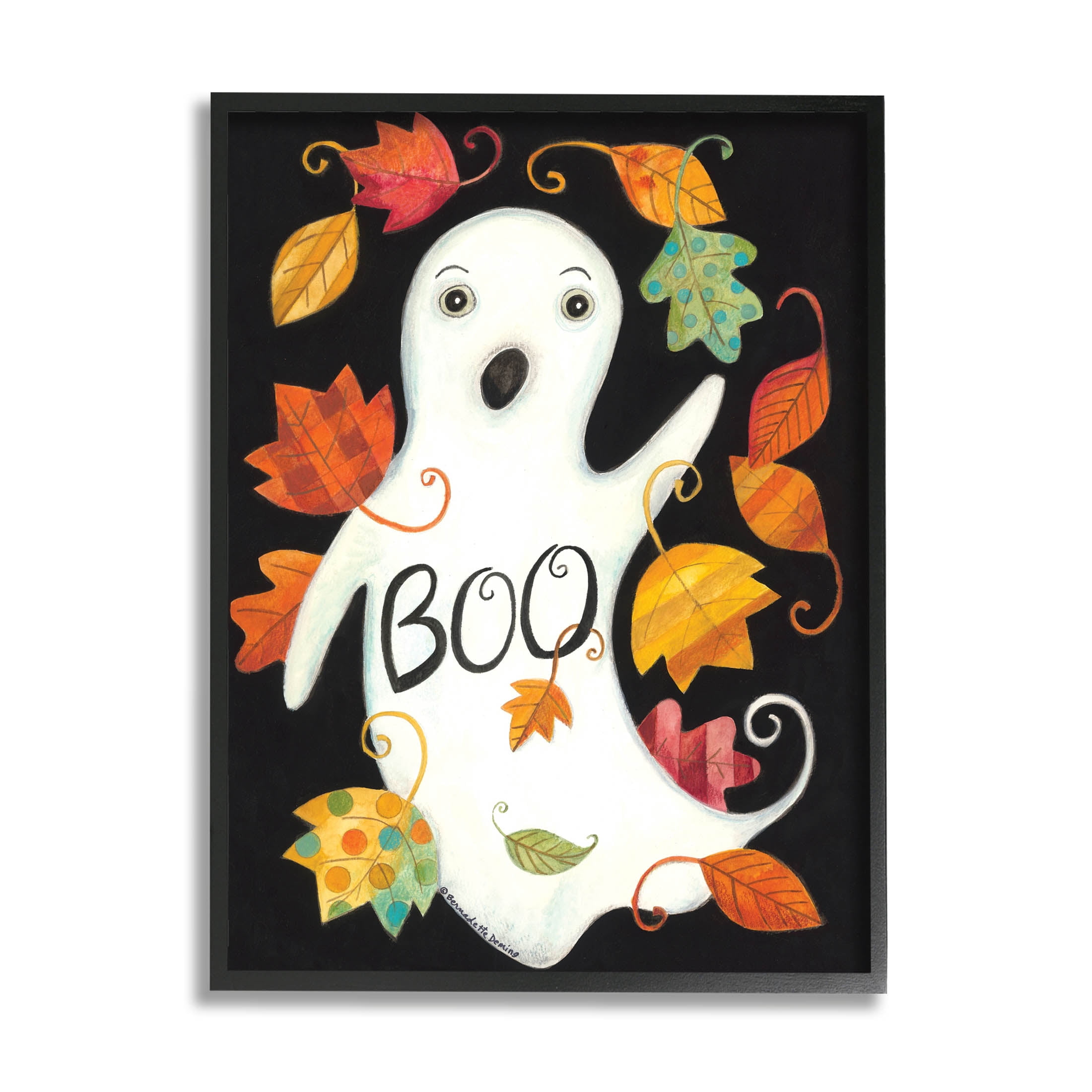 Vintage Boo Ghost Patterned Leaves Holiday Graphic Art Black Framed Art Print Wall Art