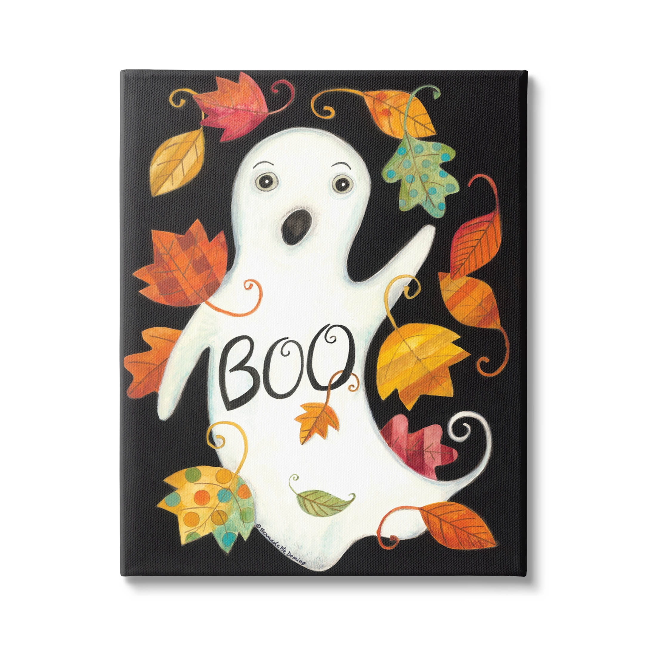 Vintage Boo Ghost Patterned Leaves Holiday Graphic Art Gallery Wrapped Canvas Print Wall Art