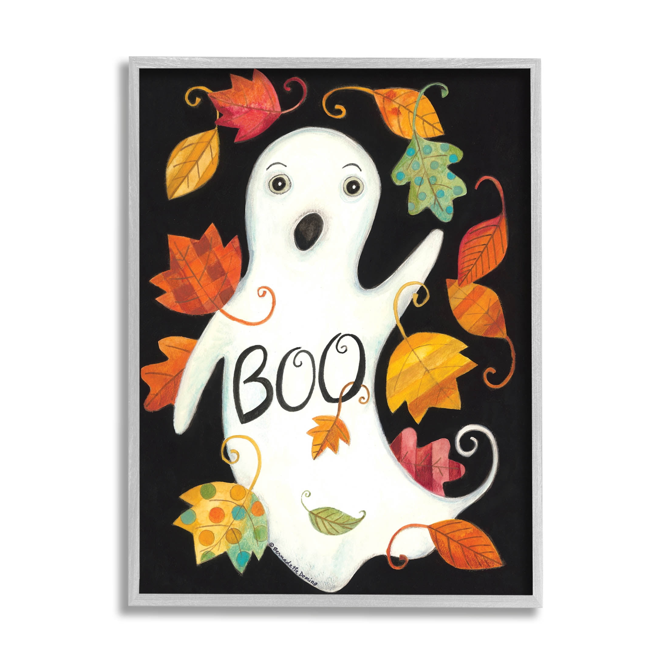 Vintage Boo Ghost Patterned Leaves Holiday Graphic Art Gray Framed Art Print Wall Art