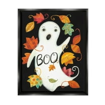 Vintage Boo Ghost Patterned Leaves Holiday Graphic Art Jet Black Framed Art Print Wall Art