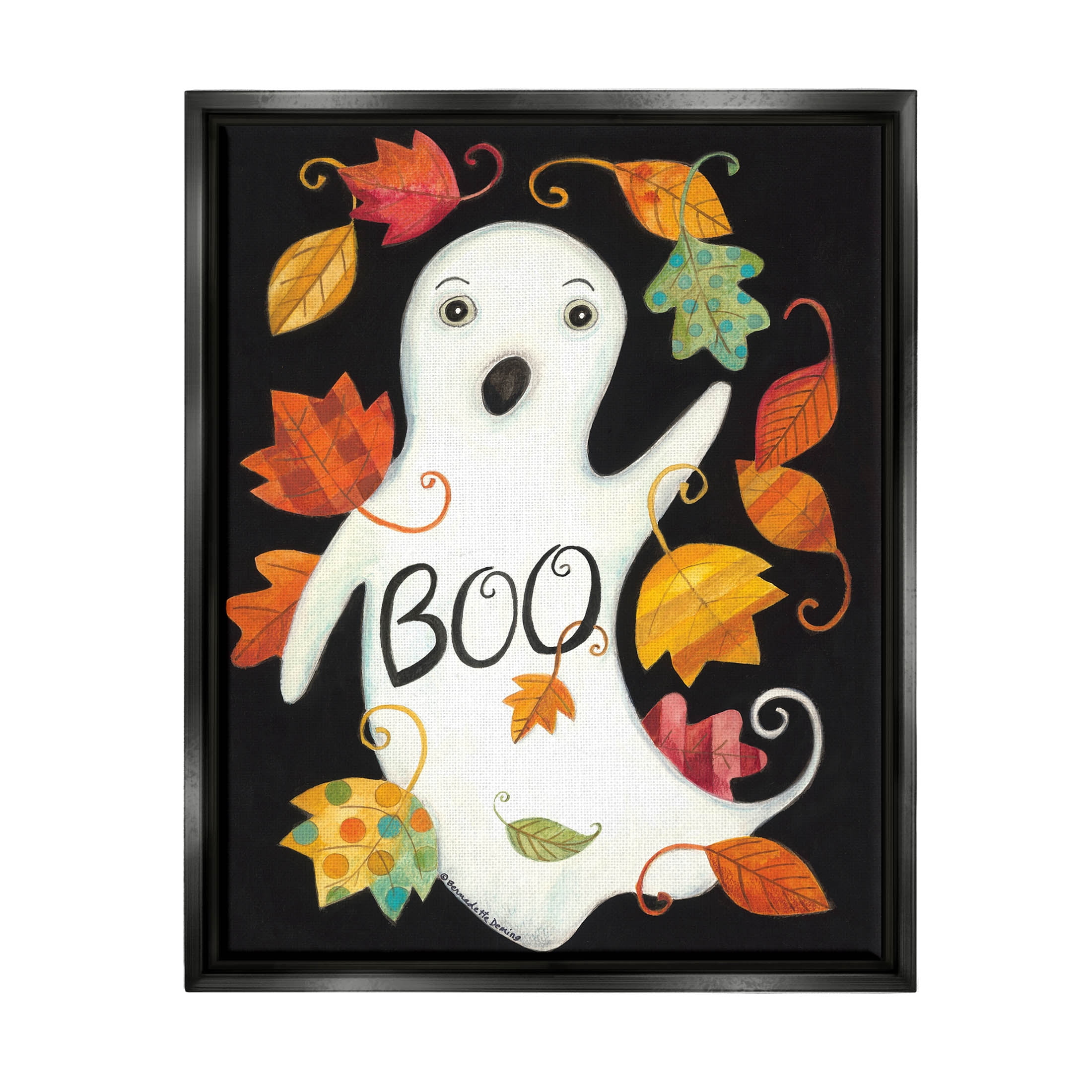 Vintage Boo Ghost Patterned Leaves Holiday Graphic Art Jet Black Framed Art Print Wall Art