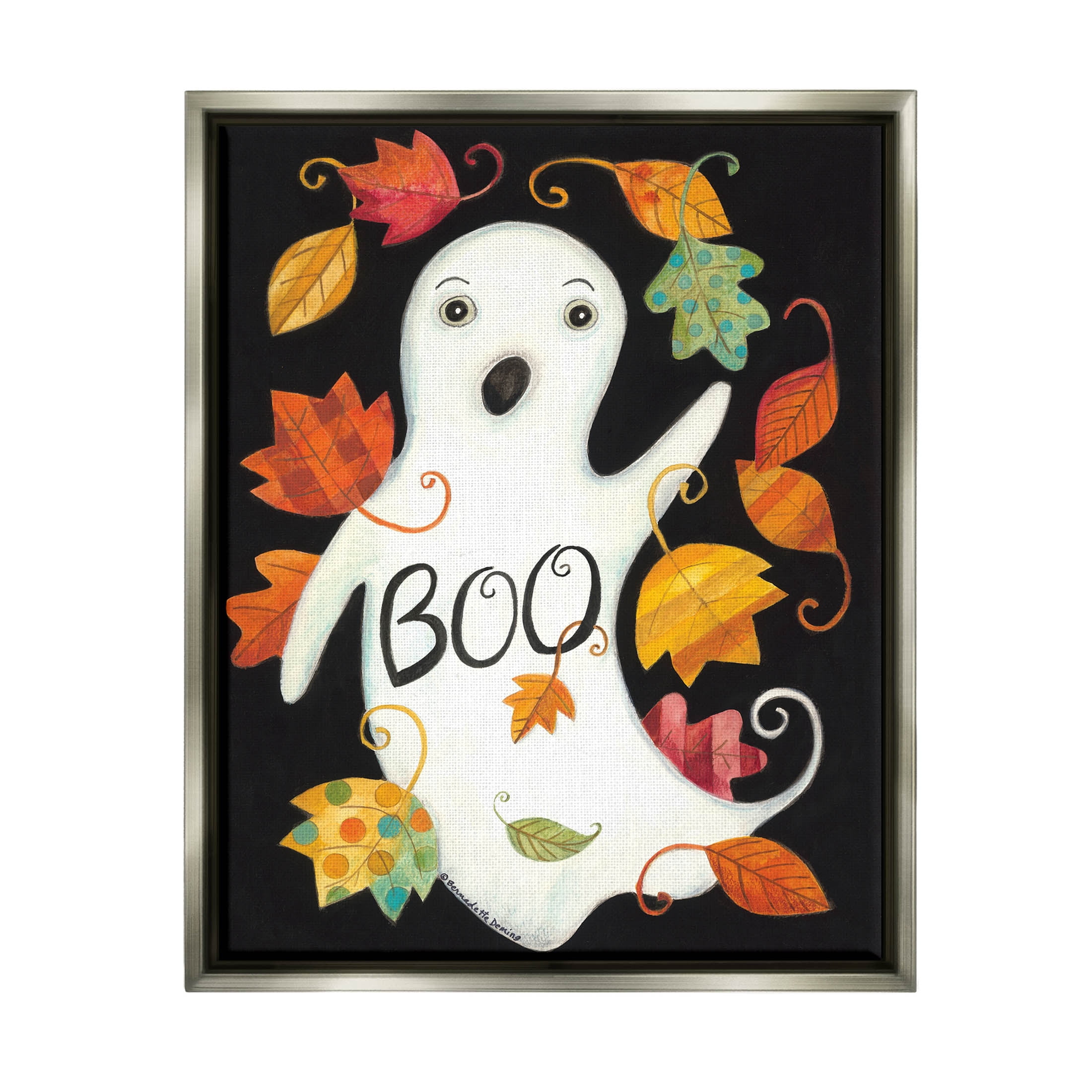 Vintage Boo Ghost Patterned Leaves Holiday Graphic Art Luster Gray Framed Art Print Wall Art