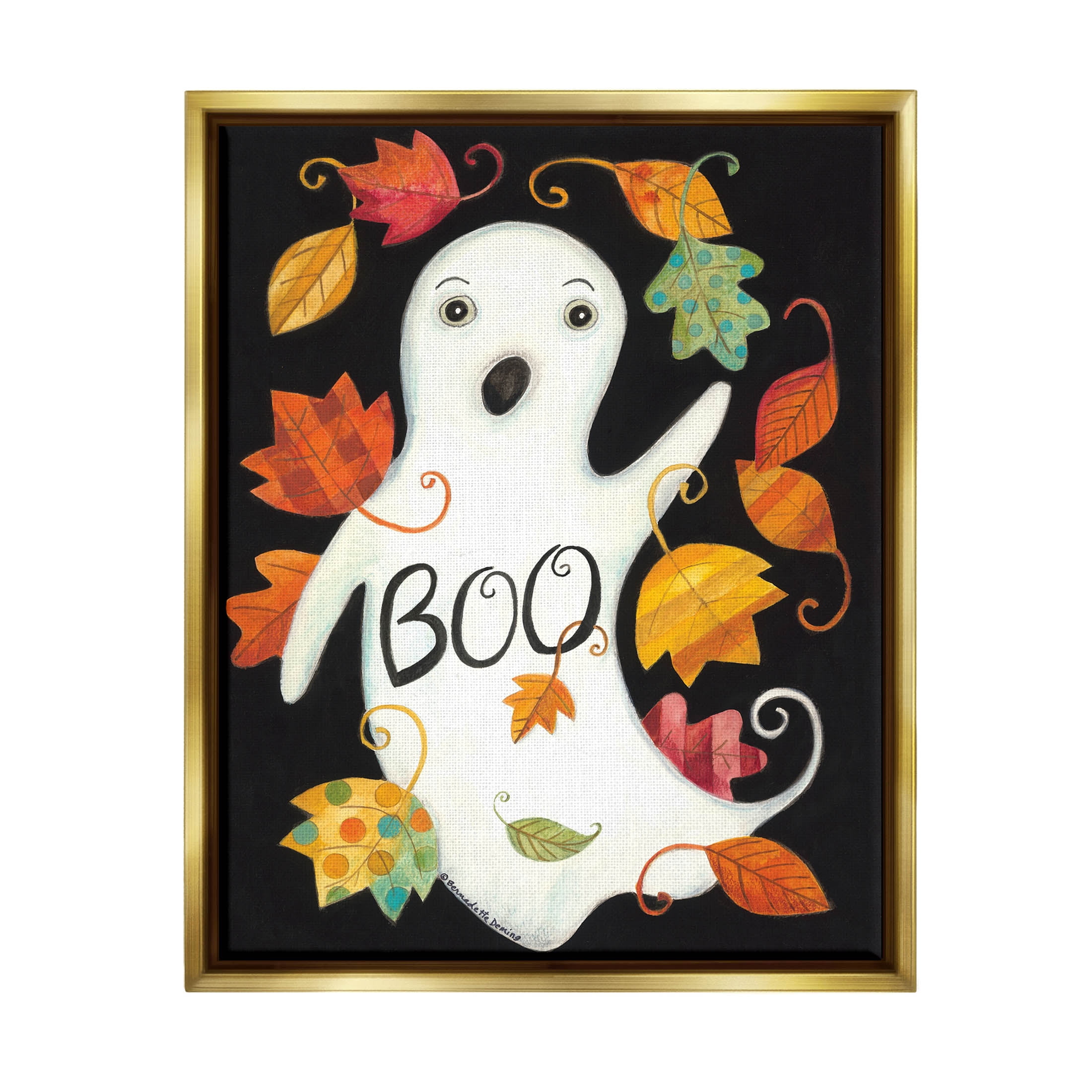 Vintage Boo Ghost Patterned Leaves Holiday Graphic Art Metallic Gold Framed Art Print Wall Art