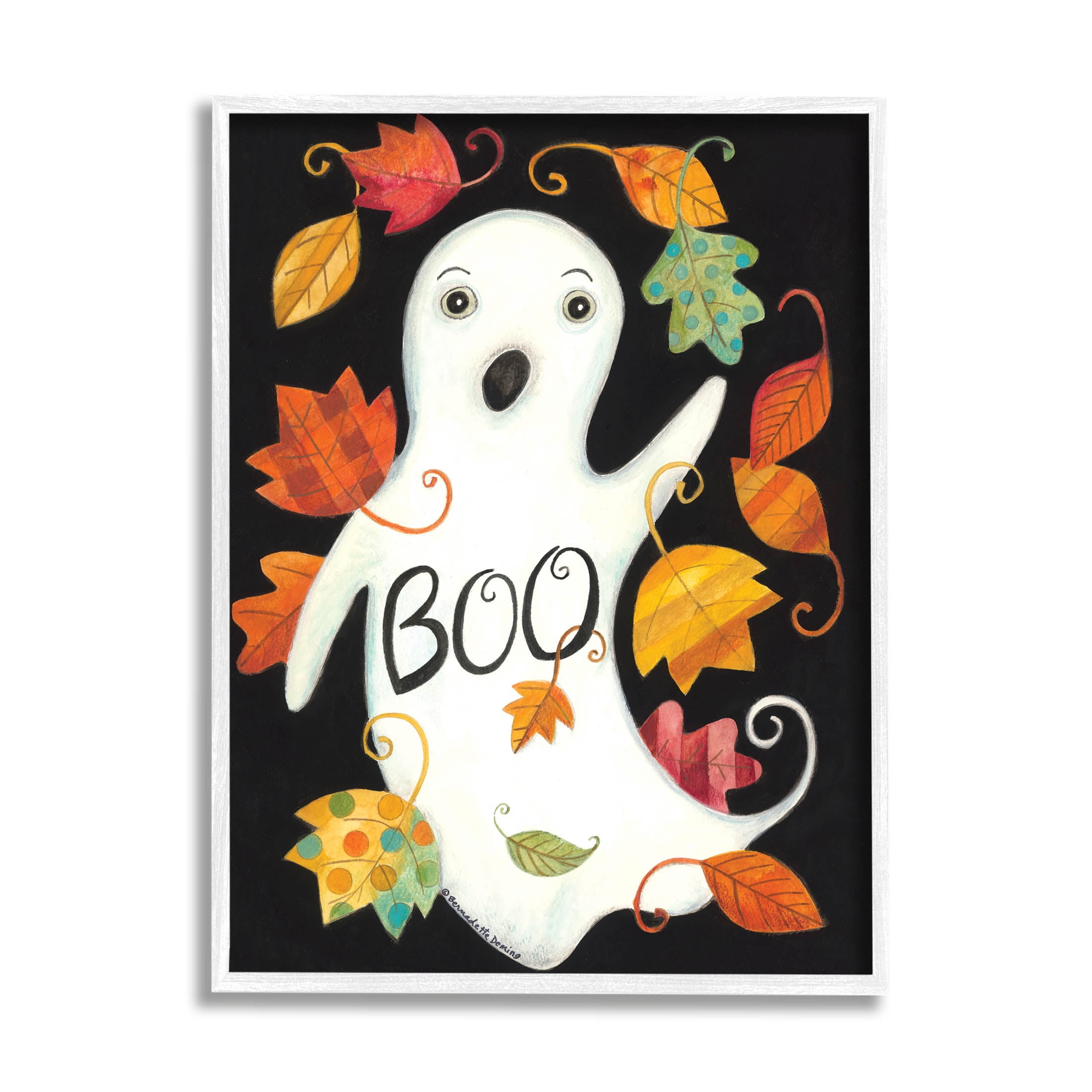 Vintage Boo Ghost Patterned Leaves Holiday Graphic Art White Framed Art Print Wall Art