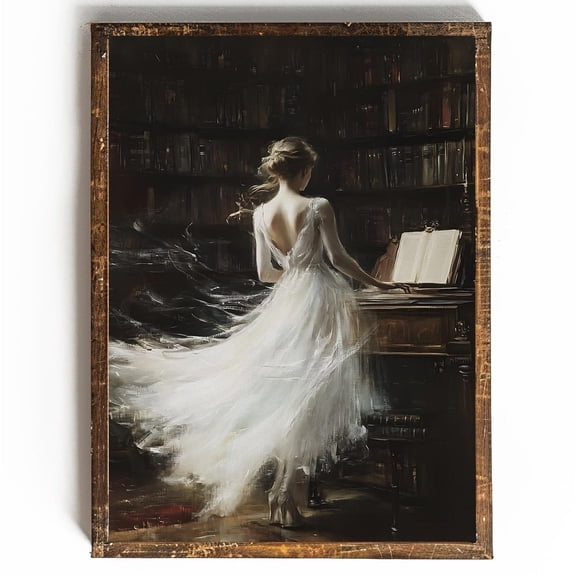 Vintage Book Art Library Wall Art For Reading Nook Decor For Dorm Room Wall Decor Reader Pianist Dark Academia Decor Piano, 24x36 UNFRAMED