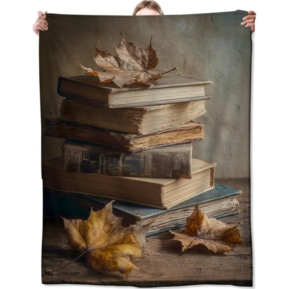 Vintage Book Blanket, Retro Autumn Leaf Blankts, Gifts for Adults Kids and Reading Lovers, Home Dorm Cabin Pet Area Picnic and Travel Decor, Soft Cozy Lightweight Flannel Throw, 40"x50"