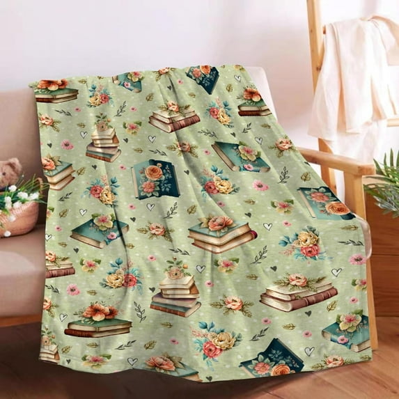 Vintage Book Blanket for Women Men Flower Book Gifts for Book Lovers Soft Lightweight Flannel Throw Blankets for Sofa Couch Bedding Travel L 60x80in Adult Gift