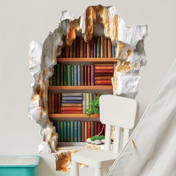 Vintage Book Break Through Wall Decals, 3D Broken Wall Stickers Removable Vinly Bookshelf Mural Stickers for Reading Room Bedroom Living Room Home DIY Decor