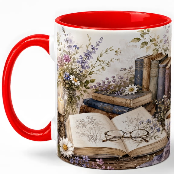 Vintage Book Floral 11oz Ceramic Mug, Botanical Reader Coffee Cup
