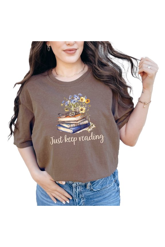 Vintage Book Lover T-Shirt, Just Keep Reading, Literary Gift Tee with Floral Design, Bookworm Shirt for Readers, Cute Reading Shirt, Espresso Comfort Colors T-Shirt, Medium