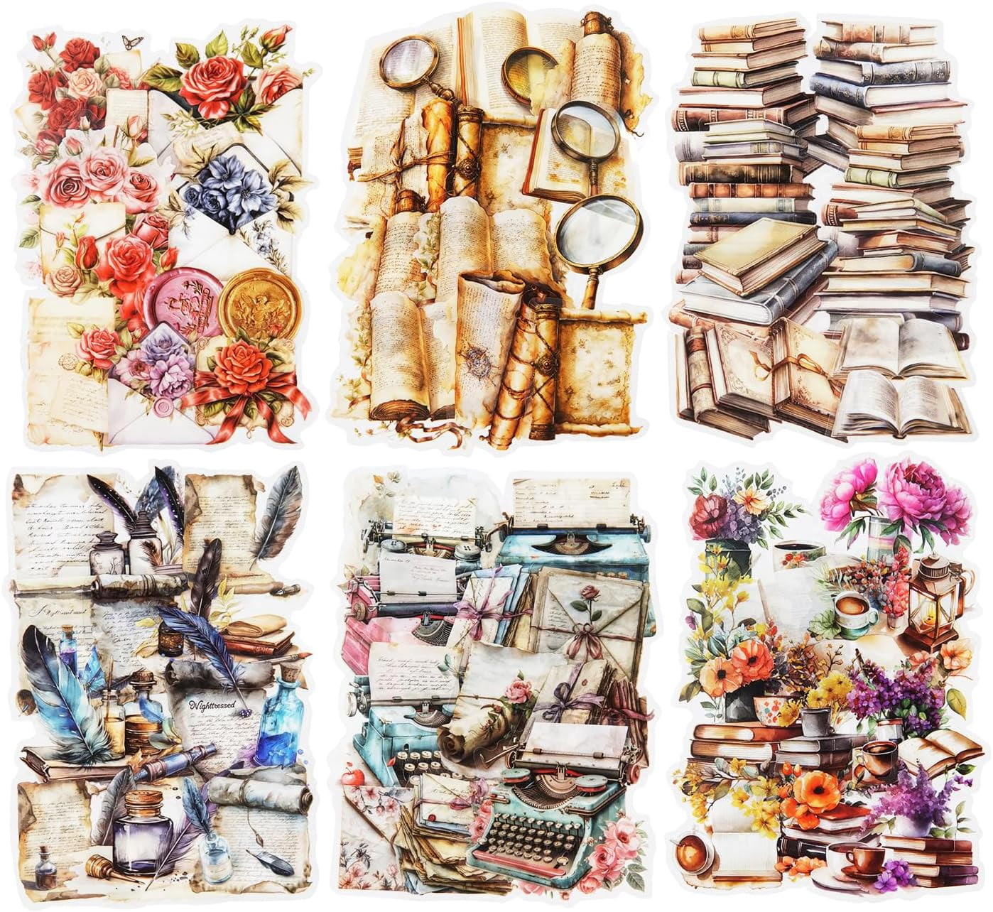 Vintage Book PET Sticker Set, 120PCS Retro Ephemera for Scrapbooking, Journaling, Crafting, DIY Projects, and Art Supplies