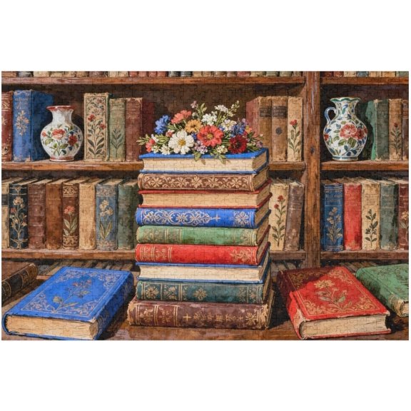 Vintage Book Puzzle 1000 Pieces for Adults, Bookshelf Wildflower Pages Artwork, Retro Library Aesthetic Floral Puzzle, Challenging Hard Jigsaw for Book Lovers, Fun Family Game, 30x20 in