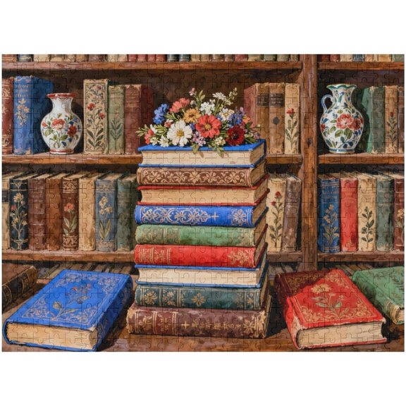 Vintage Book Puzzle 500 Pieces for Adults, Bookshelf Wildflower Pages Artwork, Retro Library Aesthetic Floral Puzzle, Challenging Hard Jigsaw for Book Lovers, Fun Family Game, 20.5x15 in