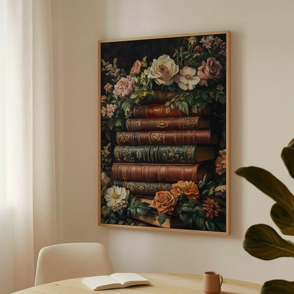 Vintage Book Stack With Floral Art Print – Dark Academia Wall Decor, Romantic Antique Library, Elegant Botanical Illustration Wall Art, Modern Wall Decor, 8x12 UNFRAMED