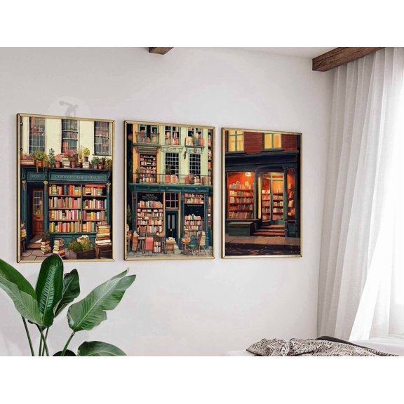 Vintage Book Store Prints Book Shop Print Book Lovers Reading Library Art, Stretched Canvas