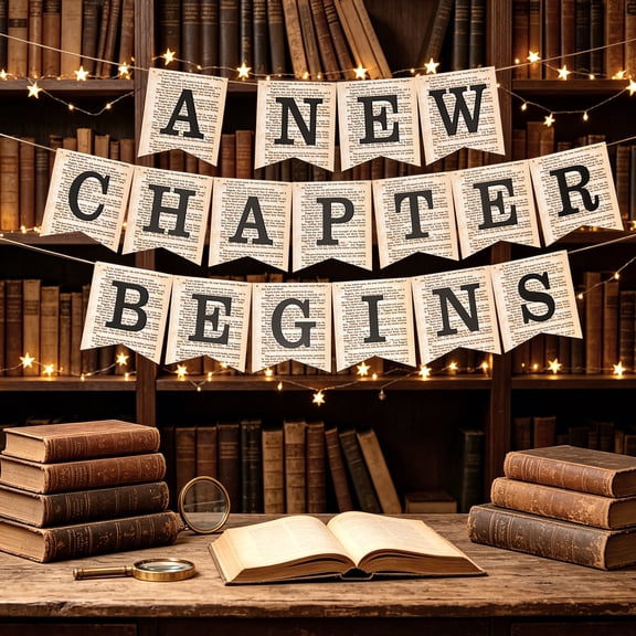 Vintage Book Theme Banner - "A New Chapter Begins" for Graduation, Career & Literary Party Decorations